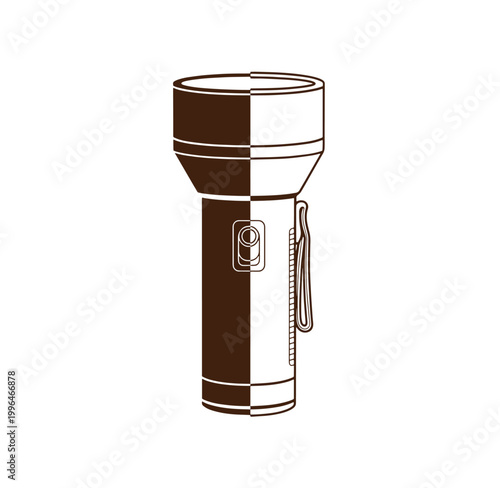 Brown and white illustration of a flashlight with a clip on the side for easy carrying