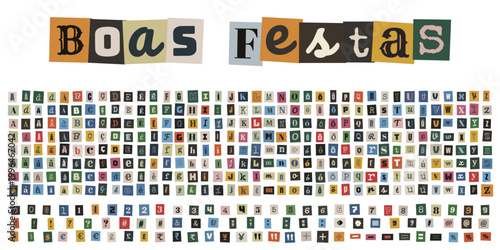Alfabeto estilo nota de resgate com letras de revista, frase Boas Festas e acentos em portugues