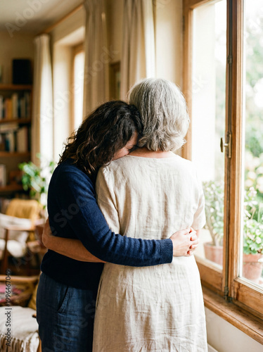 Warm editorial images for Mother's Day — diverse mothers and daughters sharing tender moments, handmade gifts, spring flowers and home rituals. Soft light, film grain.
