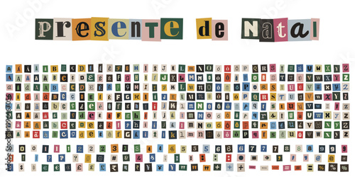 Alfabeto de recortes de revista estilo bilhete anonimo para frase presente de natal e design criativo