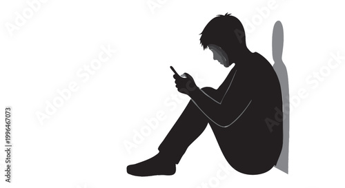 Lonely teenager sitting alone looking at smartphone silhouette, social media isolation vector isolated on white background