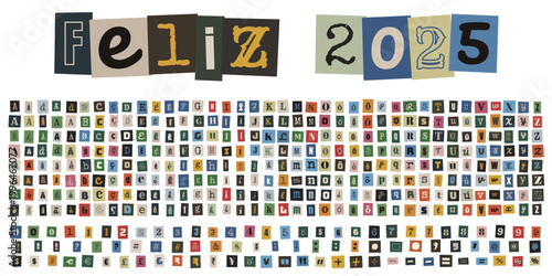 Alfabeto de recortes de revista estilo carta de resgate para feliz 2025