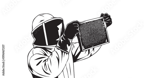 Beekeeper holding honeycomb frame inspection silhouette, organic beekeeping apiculture vector isolated on white background