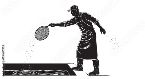 Aquaculture worker feeding fish tank with net silhouette, fish farming seafood industry vector isolated on white background