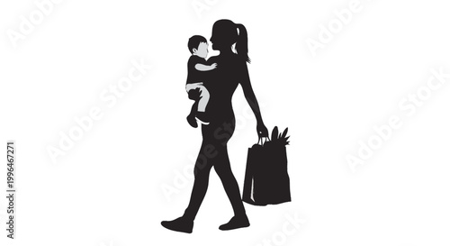 Single mother carrying toddler and grocery bag silhouette, working mom everyday life vector isolated on white background