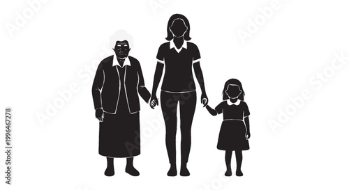 Three generations women grandmother mother granddaughter holding hands silhouette, family bond vector isolated on white background