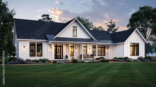 Exterior view of a farmhouse style home at dusk