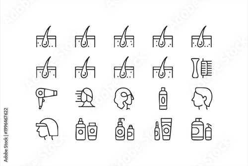 Scalp Treatment Icons, Hair Care Routine, Shampoo and Beauty Products