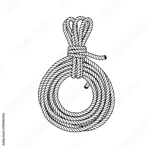 Monochrome illustration of a coiled rope noose with detailed loop and knot in a stark design.