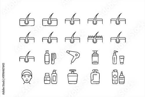 Haircare Icons Set, Scalp Health, Shampoo, Conditioner and Styling Tools