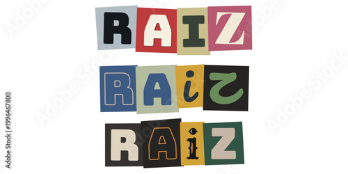 Tipografia criativa da palavra raiz com letras coloridas recortadas estilo colagem urbana