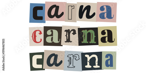 Design de letras recortadas tipo colagem com a palavra carna para carnaval de rua