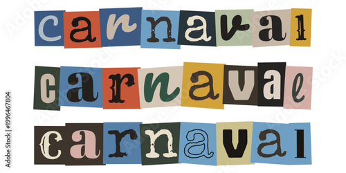 Palavra carnaval em estilo de recorte de revista para convite de festa retro