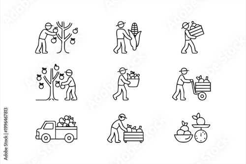 Harvest Agriculture Icons, Farmer Activities, Crop Collection and Farm Work