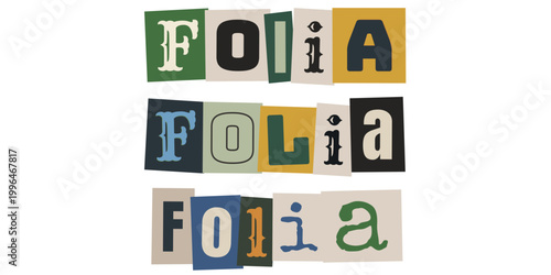 Letreiro folia em estilo colagem de recortes para blocos de rua e carnaval brasileiro