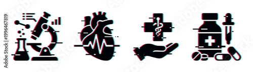 Medical science icons set with glitch effect, featuring laboratory equipment, human heart, healthcare symbols, and pharmaceutical items.