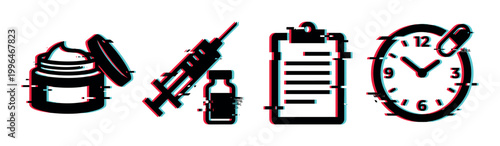 Healthcare and medical icons with glitch effect for beauty, treatment, records, and medication scheduling on a digital interface.