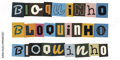 Palavra Bloquinho em estilo de carta de resgate para design de carnaval e papelaria criativa