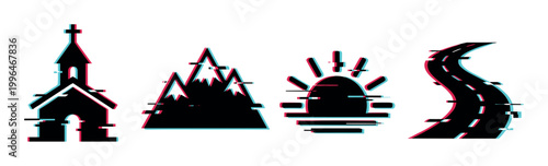Glitch art icons featuring a church, mountains, sun, and road with a retro digital distortion effect.