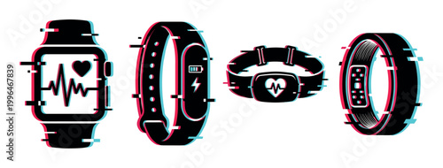 Collection of wearable fitness trackers and smartwatches with a modern digital glitch effect, representing health technology and active lifestyles.