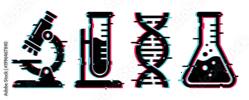 Glitch effect scientific icons featuring a microscope, test tube, DNA helix, and conical flask for modern research concepts.