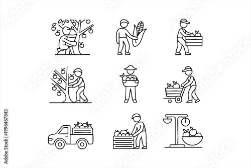 Farm Work Icons, Harvesting Crops, Fruit Picking and Rural Agriculture