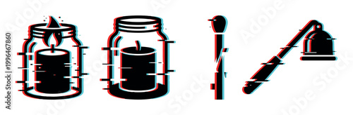 Candle, jar, matchstick, and snuffer icons with a modern digital glitch effect, perfect for design elements.