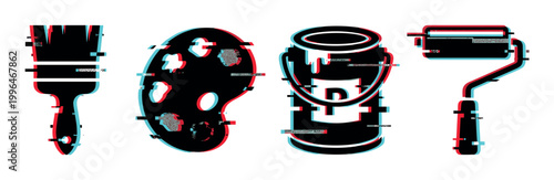 Paintbrush, palette, paint can, and roller icons with a modern digital glitch effect, representing art, creativity, and renovation projects.