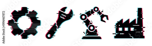 Glitch effect industrial icons set featuring a gear, wrench, robotic arm, and factory building with digital distortion and anaglyph style.