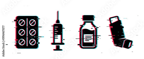 Medical items with glitch effect illustration showing various pharmaceutical supplies and health care tools for modern healthcare concepts.
