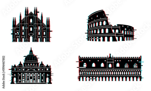 Architectural landmarks with a modern glitch effect, showcasing iconic European structures in a contemporary digital style.