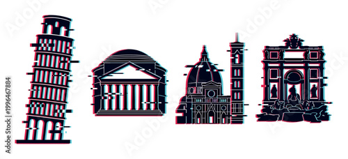 Italian landmarks vector illustration with modern glitch effect and anaglyph 3D style for travel and technology concepts.
