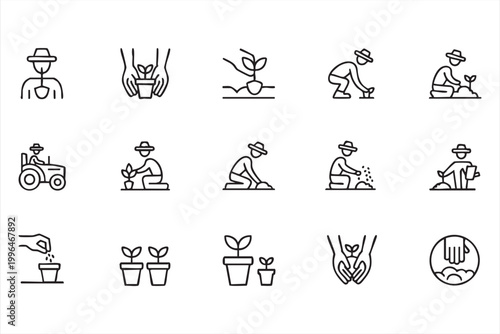 Gardening Planting Icons, Farmer Care, Seedling Growth and Plant Nurturing