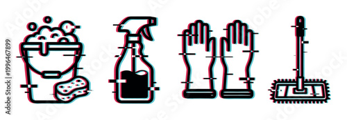 Cleaning supplies bucket sponge spray gloves mop with a modern digital glitch effect, representing household chores and hygiene.