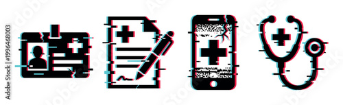 Medical icons set with glitch effect representing digital healthcare, online medical services, and technology in medicine.