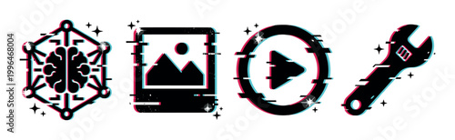 Digital technology icons with a modern glitch effect, representing artificial intelligence, media, and system tools in a contemporary graphic style.