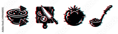 Glitch effect food preparation icons featuring salsa, chips, tomato, cutting board, knife, and ladle for cooking concepts.