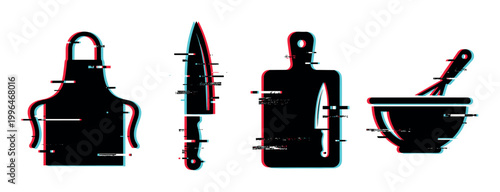 Kitchen apron, knife, cutting board, and bowl icons with a modern digital glitch effect representing cooking and food preparation