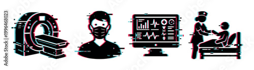 Healthcare medical technology icons with glitch effect representing modern digital medicine and patient care services.
