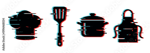 Chef hat, spatula, cooking pot, and apron icons with a modern digital glitch effect, representing culinary art and kitchen technology.