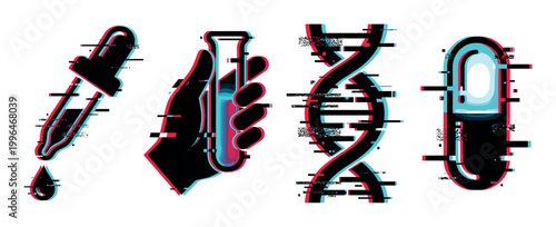 Science and medicine icons featuring a modern digital glitch effect, representing research, genetics, and pharmaceutical innovation.