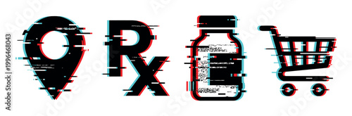 Glitch effect icons for pharmacy services including location pin, RX symbol, medicine bottle, and shopping cart, representing modern digital health and delivery.