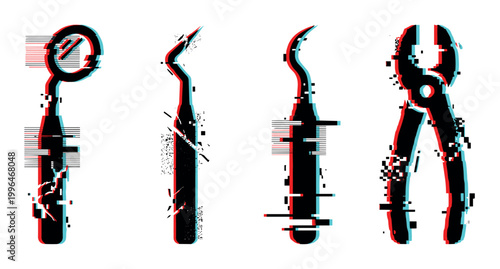 Dental tools set with a modern glitch effect, showcasing digital art style for oral health and dentistry concepts.