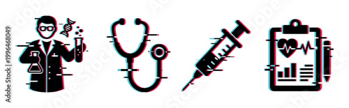 Medical and scientific icons with a modern digital glitch effect, representing healthcare, research, and technology in a contemporary style.