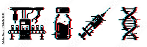 Medical production, vial, syringe, and DNA helix icons with a modern glitch effect representing scientific innovation and biotechnology.