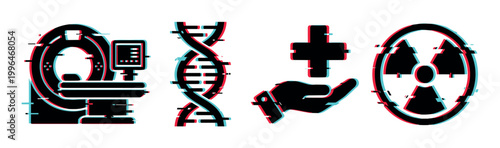 Medical icons set with glitch effect including MRI scanner, DNA, healthcare cross, and radiation symbol.
