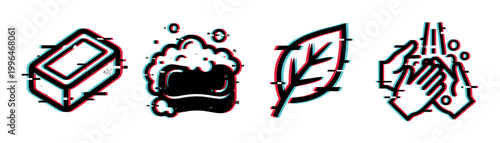 Hygiene and cleanliness icons with glitch effect including soap bar, foamy sponge, green leaf, and washing hands for health concepts.