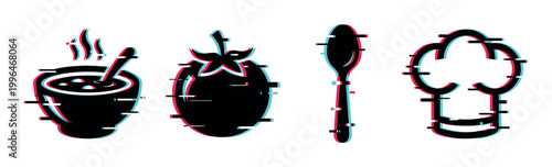 Glitch effect food and cooking icons featuring a steaming soup bowl, fresh tomato, kitchen spoon, and a chef's hat.