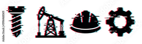 Glitch effect industrial icons including a drill bit, oil pumpjack, hard hat, and mechanical gear vector illustration.
