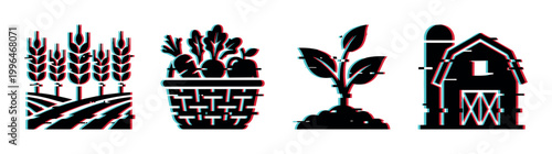 Farming icons set with glitch effect, featuring wheat, vegetable basket, growing plant, and barn, representing agricultural themes and harvest.